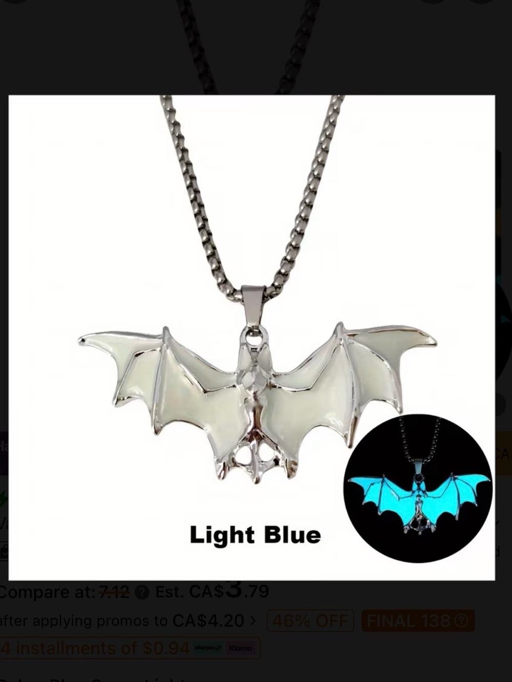 ⭐️ Glow in the Dark Blue Bat Pendant Necklace